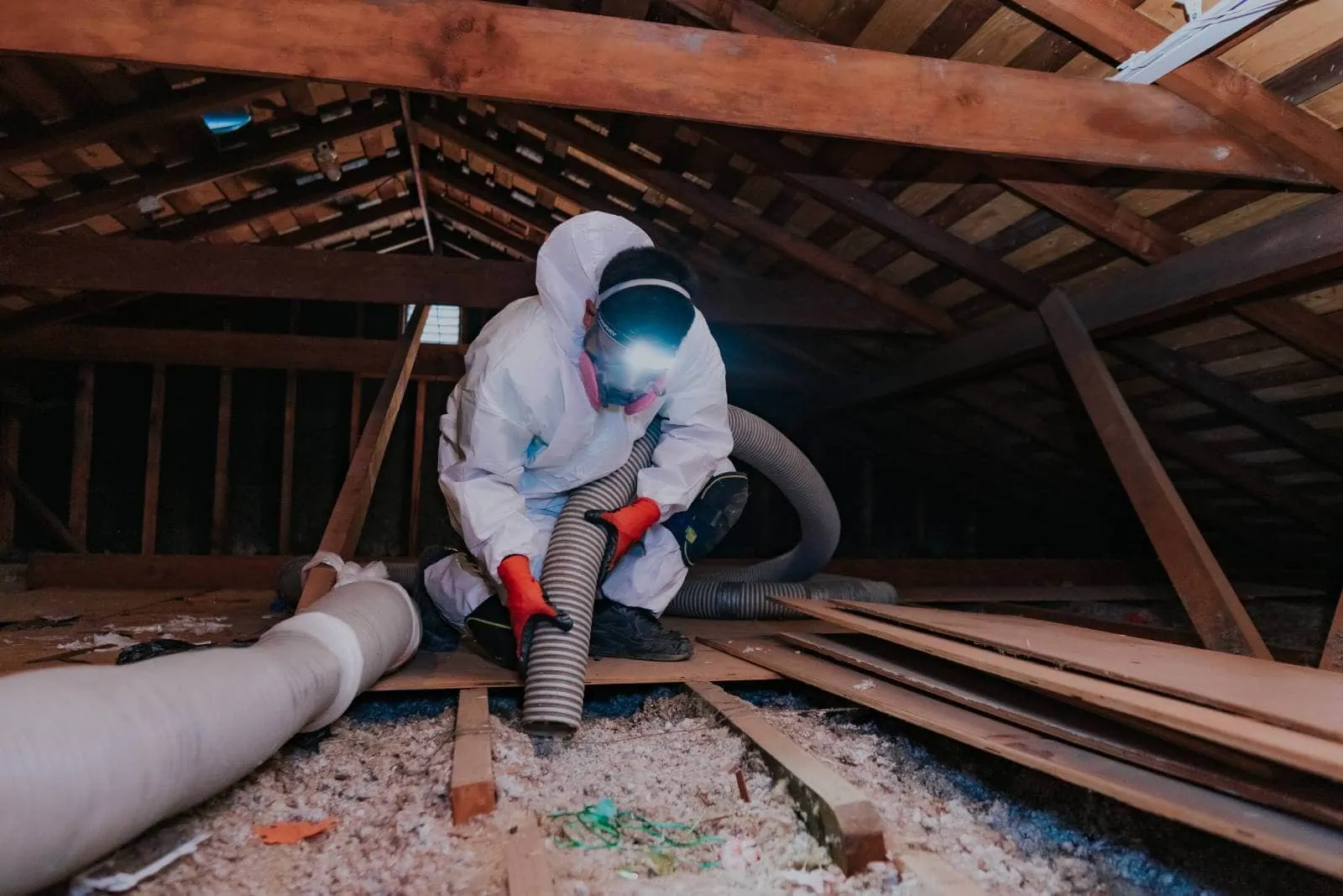 Attic pros professional with orange gloves cleaning attic with work equipment