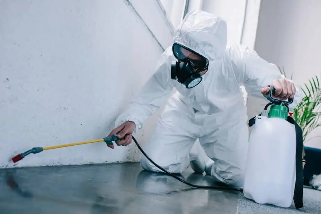 Attic Pros expert spraying presticide in white uniform and mask