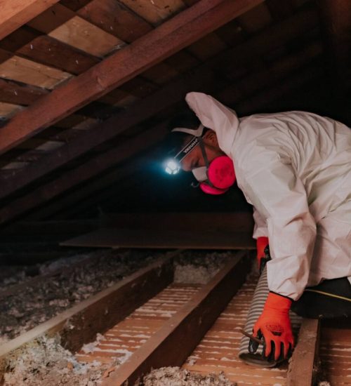 Attic Pros expert cleaning attic in white uniform and orange gloves